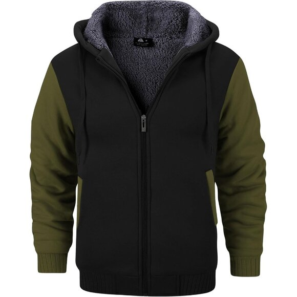 Men’s Black Khaki Green Fleece-lined Zip Up Thick Hooded Winter Warm Sweatshirt